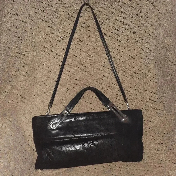 DUE FRATELLI-Vintage-Black Oiled Suede-Paisley Pattern-Hand/Shoulder-Near Mint - Picture 1 of 5